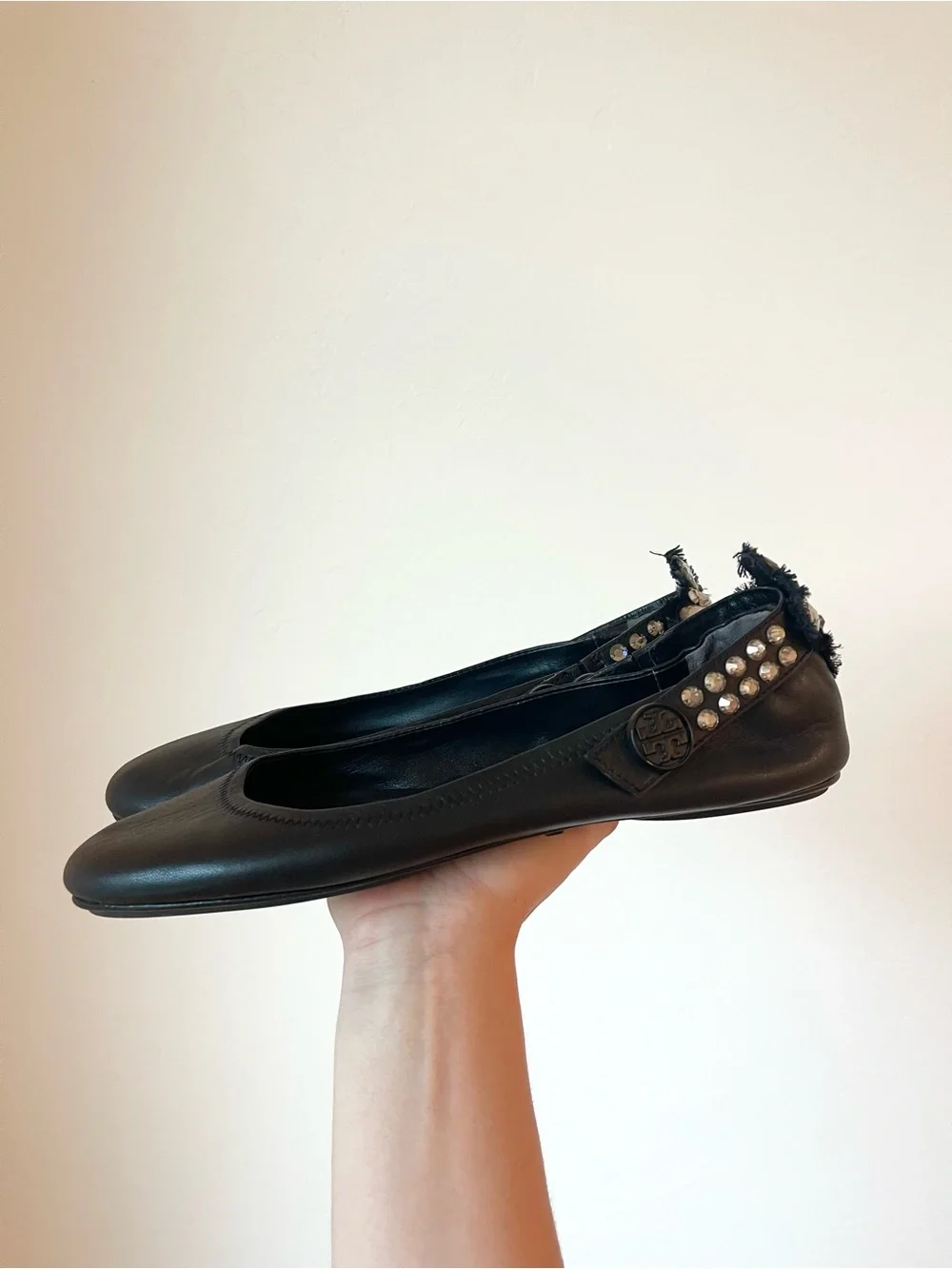 Tory Burch Minnie Black Leather Convertible Crystal Embellished Ballet Flats 10